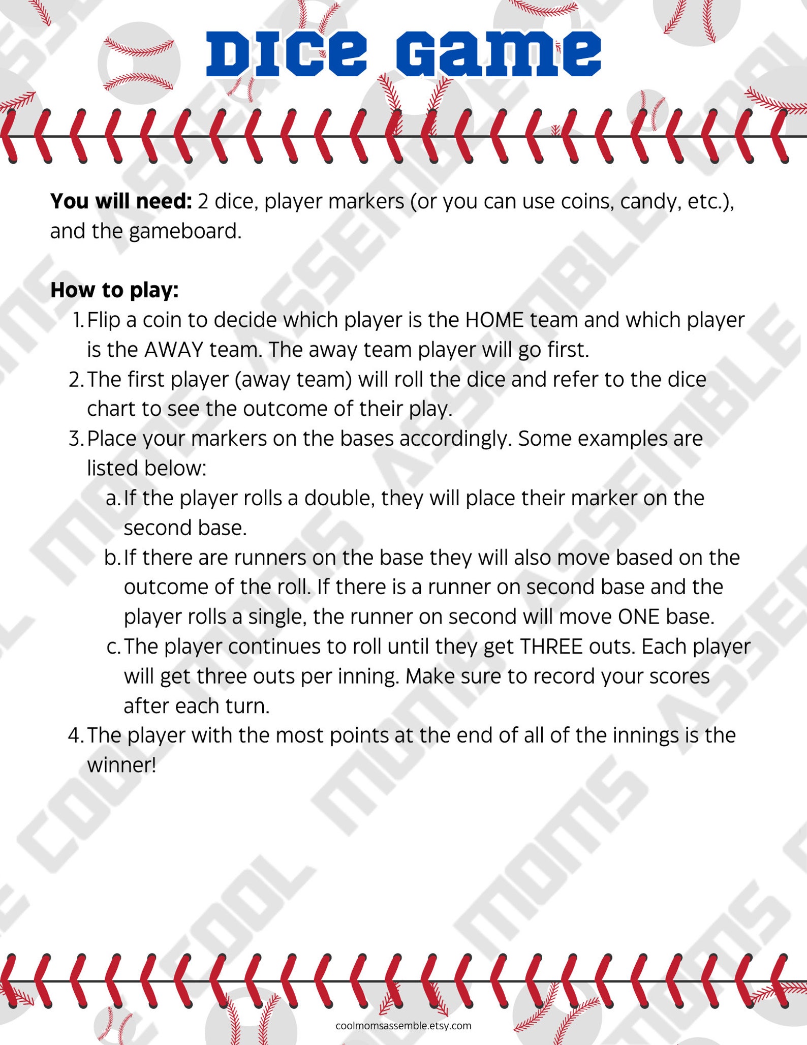 Baseball Dice Game Printable Baseball Game Baseball Party Etsy