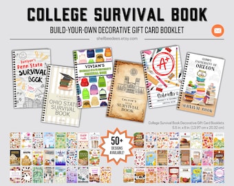 May include: A collection of spiral-bound college survival books and decorative gift card booklets measuring 5.5 in. x 8 in. The covers feature various colorful illustrations, personalized names, and university themes. A central starburst graphic indicates 50+ designs are available.