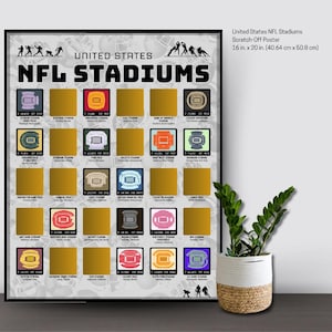 May include: A 16 inch by 20 inch United States NFL Stadiums scratch-off poster featuring a grid of gold foil squares that reveal colorful stadium illustrations when scratched. The poster includes text labels for various professional football venues.