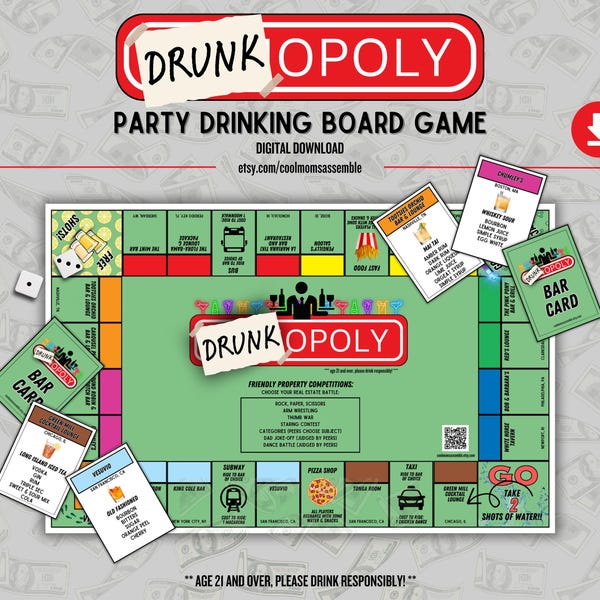 Drunk-opoly Nostalgic Drinking Game- Digital Download- Bachelorette Party- Bachelor Party- Adult Party Games- Printable Board Games