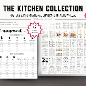 May include: A digital download collection titled The Kitchen Collection featuring 42 posters and informational charts. One chart displays measurement conversions for liquid and dry ingredients, noting a size of 40.64 cm x 50.8 cm for the prints.