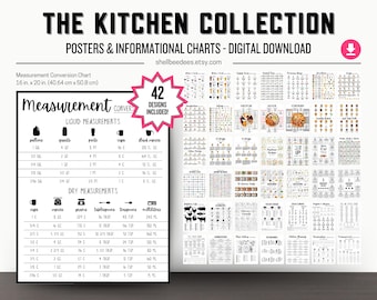 May include: A digital download collection titled The Kitchen Collection featuring 42 posters and informational charts. One chart displays measurement conversions for liquid and dry ingredients, noting a size of 16 in. x 20 in. for the prints.