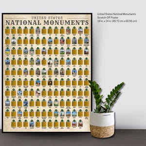 May include: A framed United States National Monuments scratch-off poster. The poster is 18 x 24 inches and features a grid of gold-colored squares, each representing a national monument. The text "UNITED STATES NATIONAL MONUMENTS" is at the top.