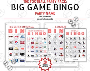 Big Game Football Bingo- The Big Game- PDF 8.5x11 & 5.4x8.2- PNG Files- Football Party Game- Printable Party Game- Big Game Commercials