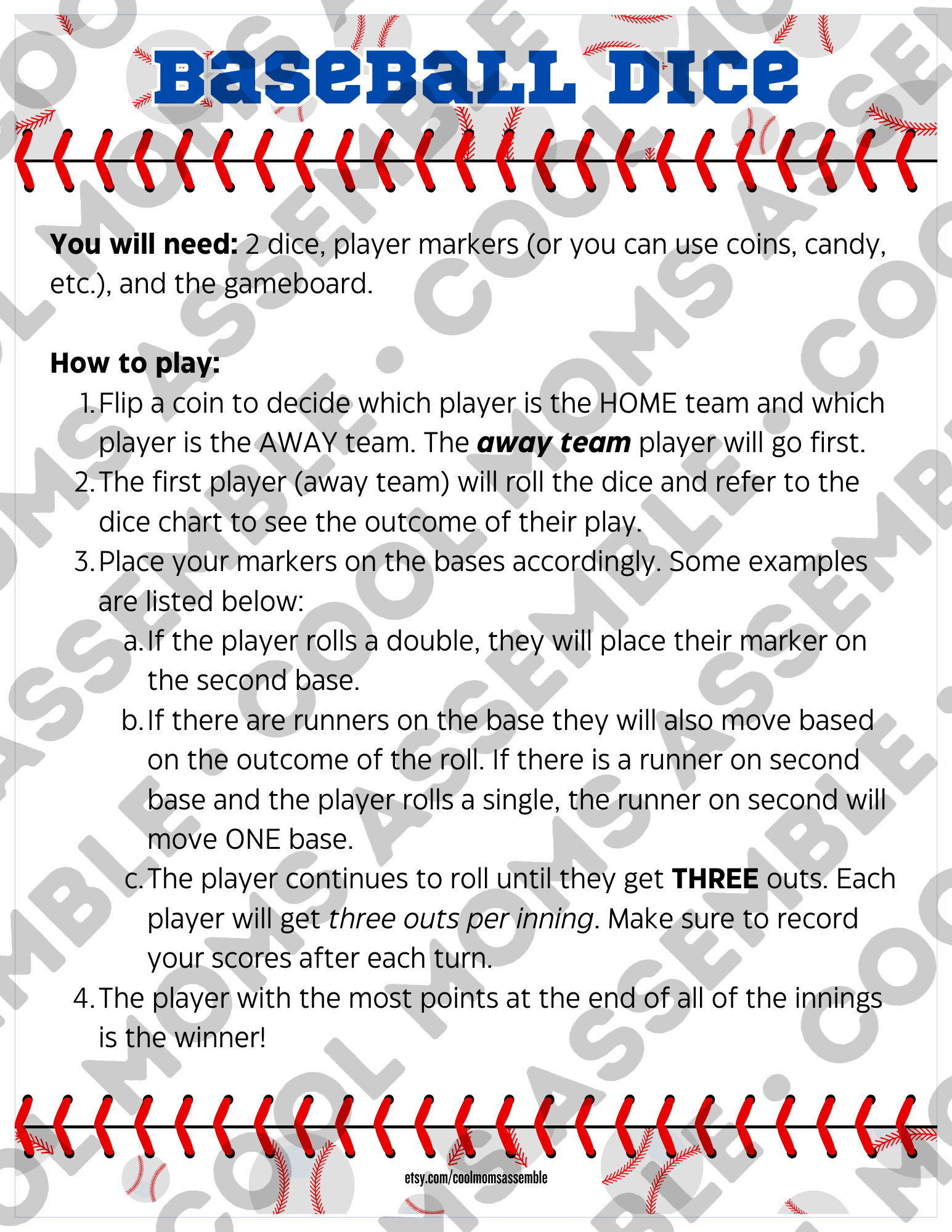Baseball Dice Game- Printable Baseball Game- Baseball Party Game ...