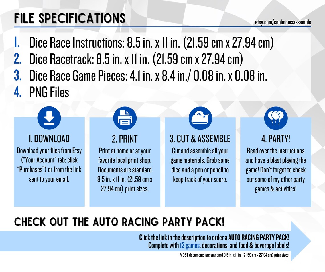 Dice Race Auto Racing Party Game- Printable Racing Game- Racing Party ...
