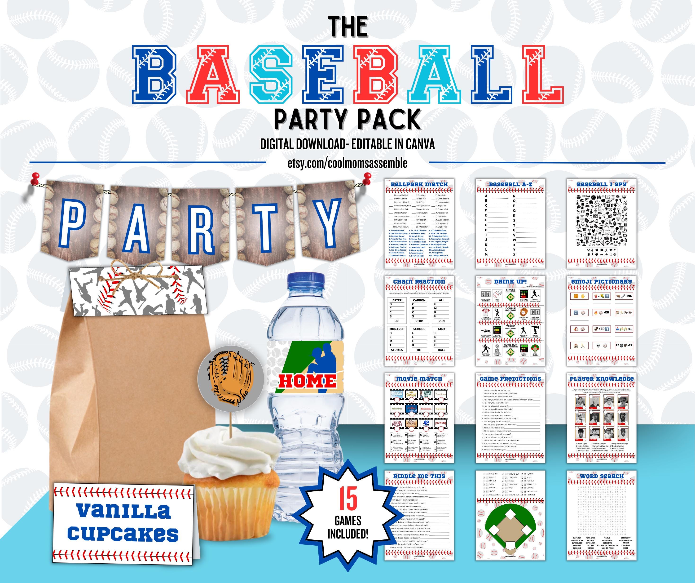 Baseball Party Pack- Baseball Games- Kid's Party Games- Adult Party Games- Printable Party Games- Baseball Decorations- Digital Download