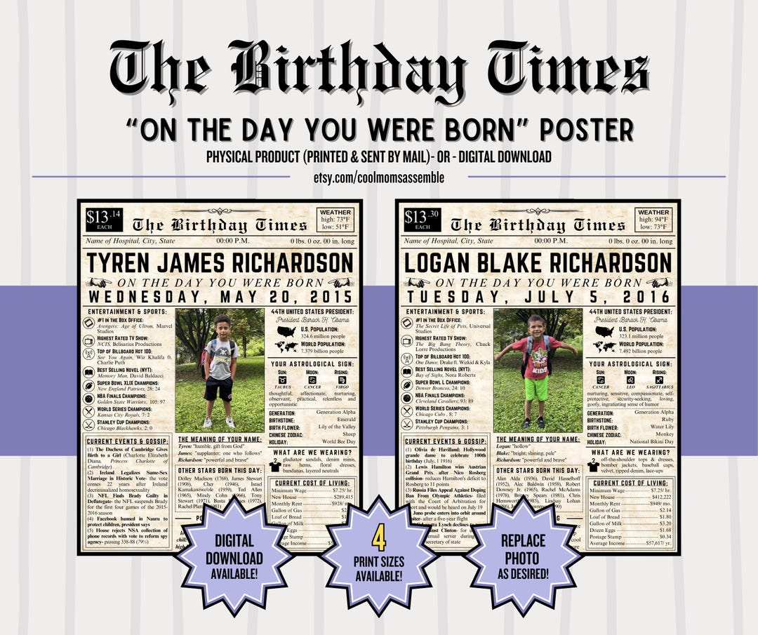 The Birthday Times: on the Day You Were Born Decorative Poster (custom)- Nursery Décor- Birthday ...