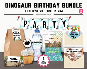 May include: Dinosaur birthday bundle digital download featuring a party banner, brown paper bag, water bottle label, pretzel bag, thank you card, invitation, cupcake topper, and vanilla cupcake label with text including DINOSAUR BIRTHDAY BUNDLE.