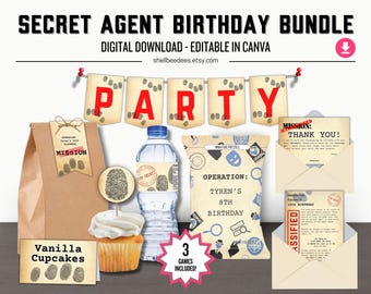 以下が含まれることがあります： シークレットエージェントの誕生日パーティー用デジタルダウンロードセット。PARTYバナー、紙袋、水ボトルラベル、スナック袋、カップケーキトッパー、ミッションカード入り封筒2枚が含まれ、指紋のグラフィックとテキストがデザインされています。