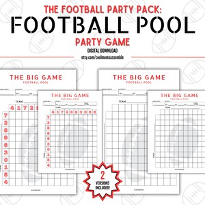 The Big Game Football Pool- Football Pool- Football Squares- PDF 11x17 & 8.5x11- PNG Files- Printable Football Pool- Adult Party Game