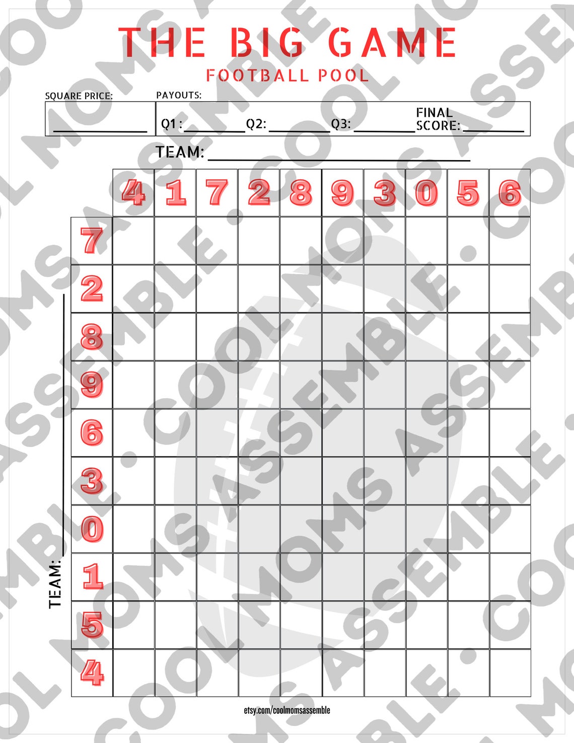 The Big Game Football Pool- Football Pool- Football Squares- PDF 11x17 ...