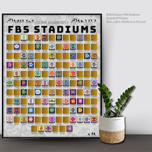 May include: A framed NCAA Division I FBS Stadiums scratch-off poster measuring 24 inches by 30 inches. The poster features a grid of gold scratch-off squares, each revealing a colorful stadium icon, with the title printed in bold black text.