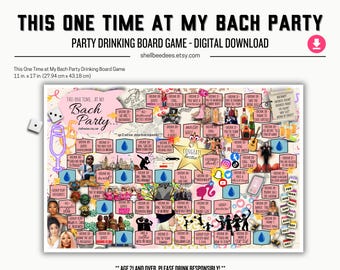 May include: A party drinking board game titled This One Time At My Bach Party with a colorful grid layout featuring various prompts, illustrations, and social media icons. The game includes a die and measures 11 inches by 17 inches in total size.