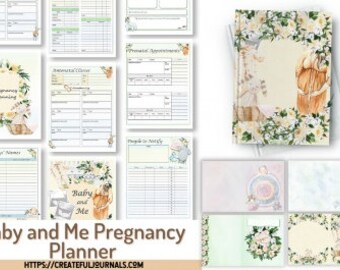 Peut inclure: Un ensemble de pages de planification de grossesse et un journal assorti. Les pages du planificateur comprennent des sections pour les rendez-vous, les noms de bébés et la planification préparée. Le journal et les pages présentent des illustrations florales et aquarelles avec le texte "Baby and Me Pregnancy Planner".
