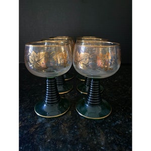 Wine Glasses, 4 3/8&quot; Etched Gold Grapes with Green Beehive Stem, French, Qty. 6