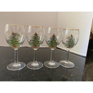 Spode 7&quot; &quot;Christmas Tree&quot; Gold Rimmed Wine Glass (Qty. 4)