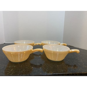 Fire King Peach Lusterware 5&quot; Handled Anchor Hocking Soup Bowls (4)