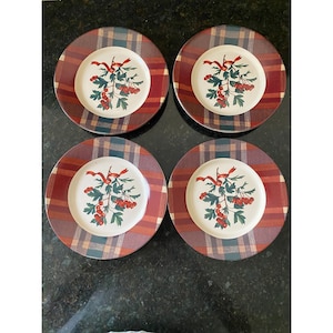 Plaid and Holly Berry 8&quot; Appetizer Plates, Raymond Waites Cornucopia, (Qty. 4)