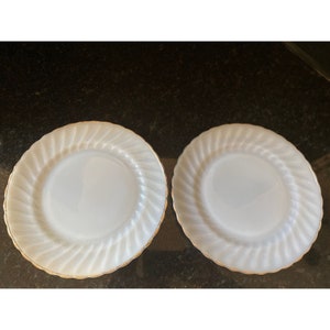 Anchor Hocking Milk Glass Scalloped 10&quot; Plates, Rimmed in Gold, Qty. 2