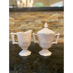 Jeanette Pink Milk Glass Creamer and Sugar, Baltimore Pear