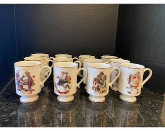 Danbury Mint Collection of 12 Norman Rockwell Porcelain Footed Mugs, Made in Japan, 1981