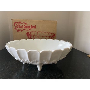 Indiana Glass Fruit Bowl Milk Glass 9" Oval, Serving Bowl, Vintage 70s, Original Box Included