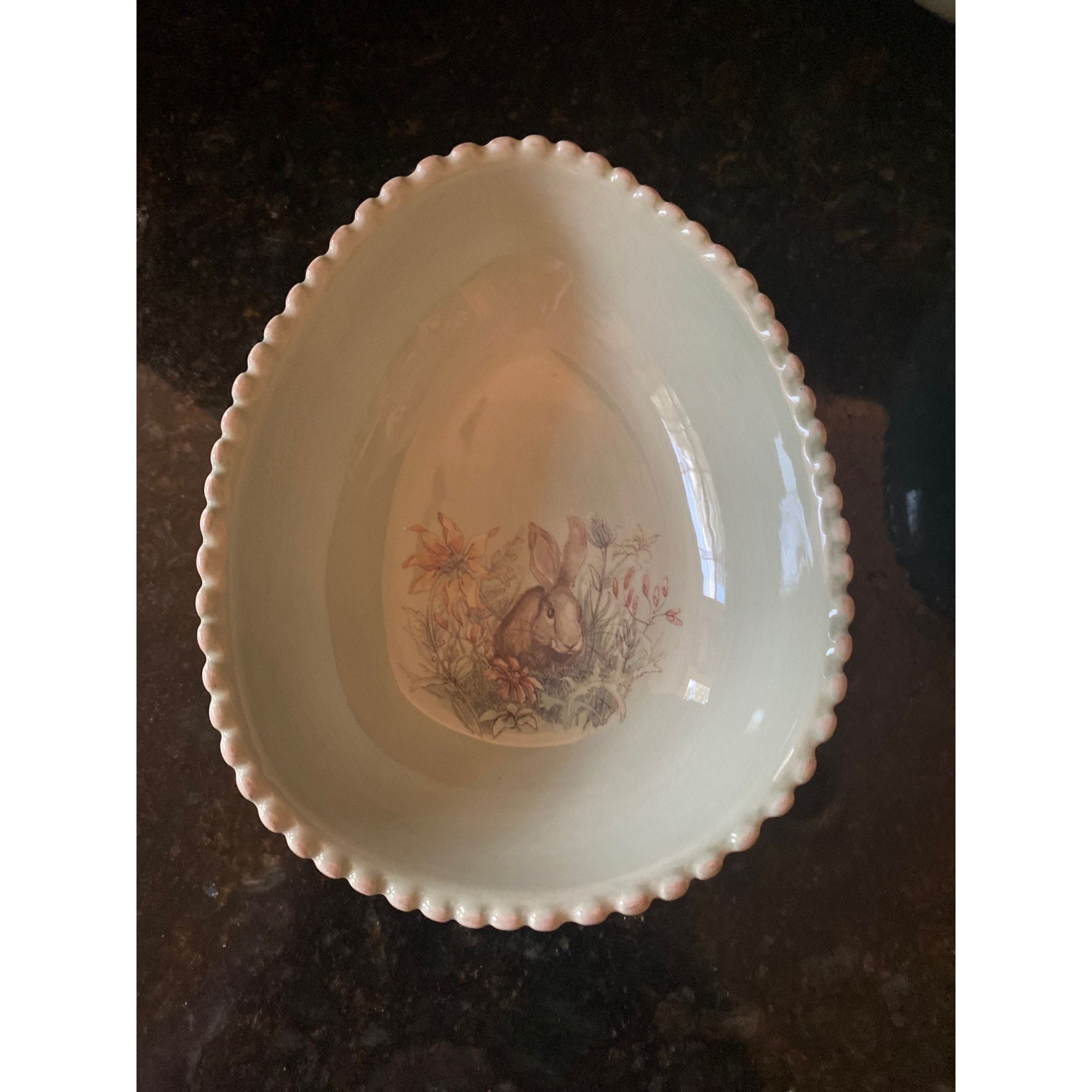 Pottery Barn Mint Green Scalloped Egg Shaped Bowls With Rabbit Design