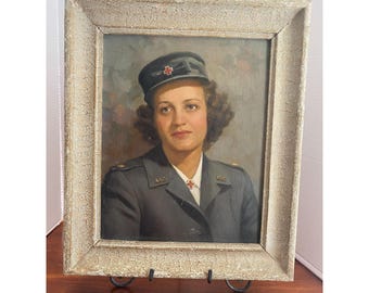 Portrait Painting, 21" High Framed, Vintage American Red Cross Nurse