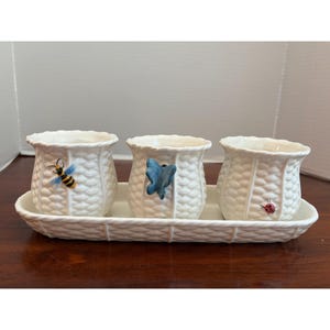World Market White Ceramic Basketweave Triple Containers with Insect Accents and Base Plate