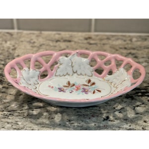 Reticulated Pink Edged Floral Oval Bowl