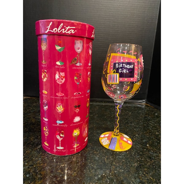 Lolita 15 Oz Birthday Girl, Handpainted Wine Glass and Original Box