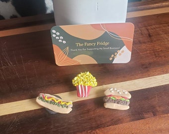 Cute fair food magnet bundle, popcorn magnet, cheese burger magnet, hot dog magnet, food magnets, realistic food magnets, snack food magnets