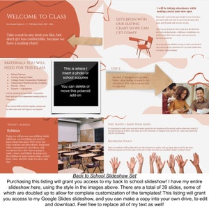 May include: A colorful back to school slideshow set with 39 slides. The slides are designed to help teachers create a fun and engaging classroom experience. The slides feature a variety of images and text, including a welcome message, a seating chart, a syllabus, and a classroom policy. The slides are available for download and can be customized to fit the needs of any teacher.