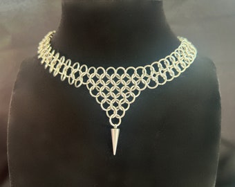 Handmade Stainless Steel Chainmail Choker Necklace with Spike