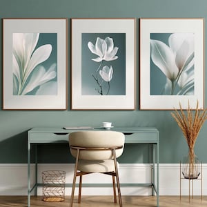 Set of 3 White Magnolia Wall Art Prints | Minimalist Botanical Flower Posters | Modern Neutral Home Decor | Digital Download
