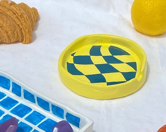 Checkered Ash Tray | Unique Hand Painted Ash Holder / Trinket Dish | Cool, Funky Home Decor | Air Dry Clay Ashtray | Indoor & Outdoor