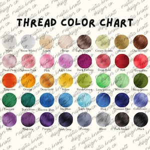 Pode incluir: Um gráfico de cores de linha com uma variedade de cores, incluindo branco, rosa, laranja, amarelo, verde, azul, roxo e marrom. O gráfico é rotulado como "THREAD COLOR CHART" em letras pretas em negrito. Cada cor é exibida em uma pequena amostra redonda.