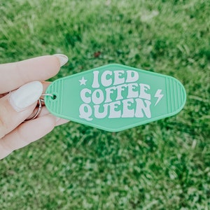 Iced Coffee Queen, Retro Motel Keychain, Colorful Keychain, funny Retro Keychain, Unique Gift Idea,Car Keys, House Keys,Keys, keyfob