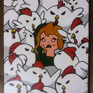 Puede incluir: Una ilustración de dibujos animados de una persona con cabello naranja y una camisa verde rodeada de pollos blancos con crestas rojas. La persona tiene una expresión de preocupación en su rostro.