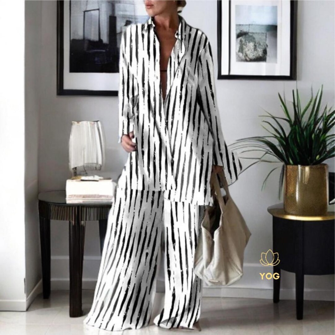 Boho Long Sleeve Shirt Loose Trouser, Two Piece Set Top and Skirt ...