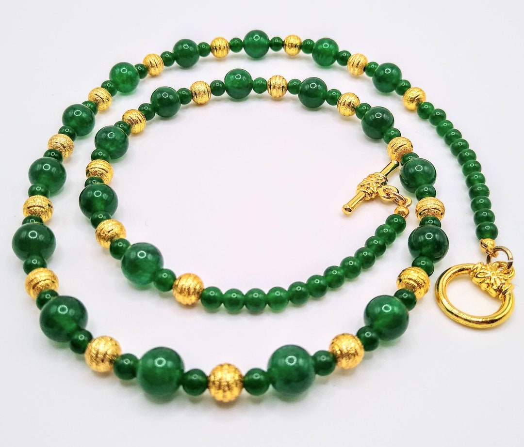 Green Jade Necklace With Gold Plated Round Corrugated Beads Etsy