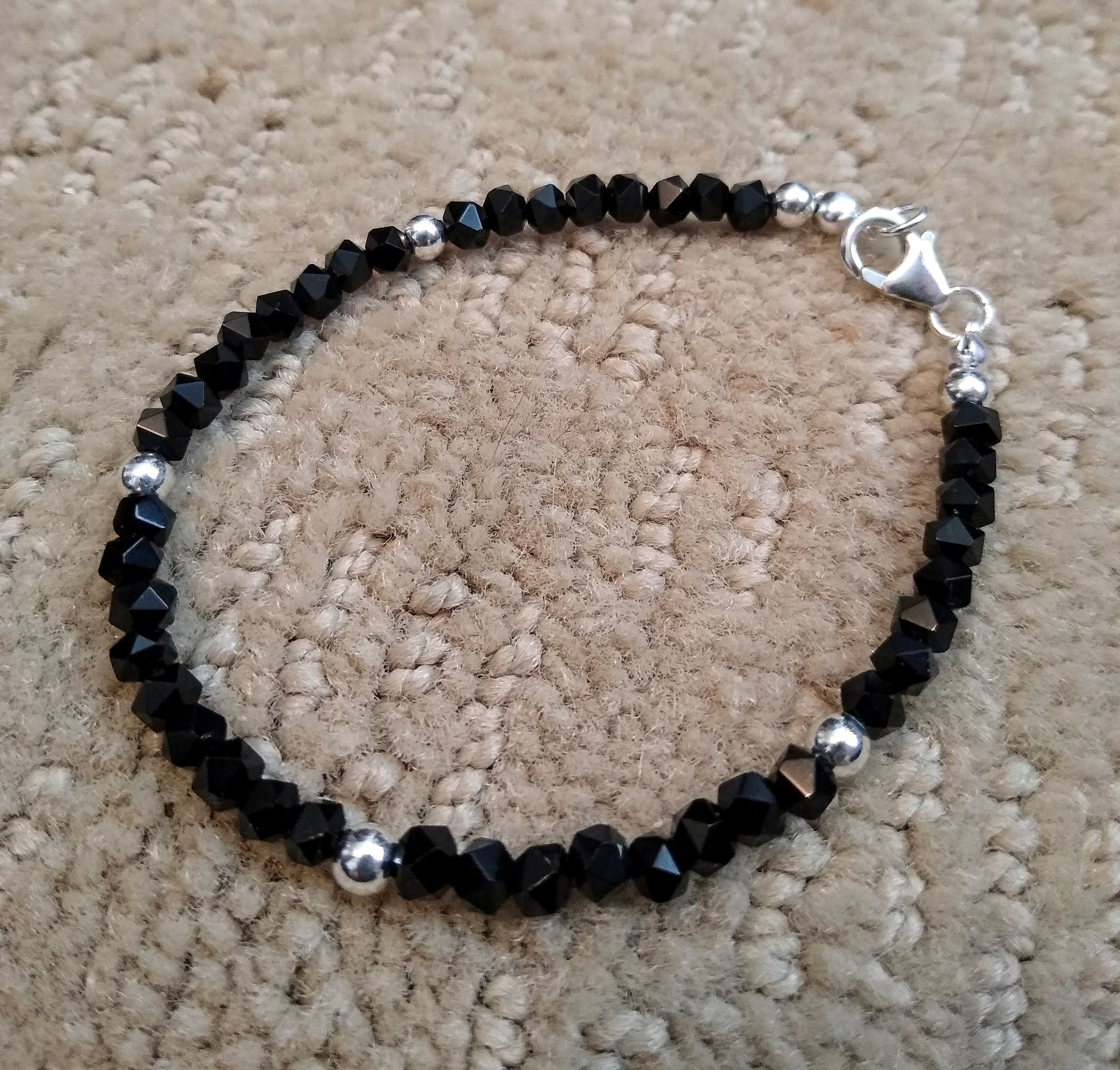 Black Onyx Beaded Bracelet, Round Sterling Silver Beads and a