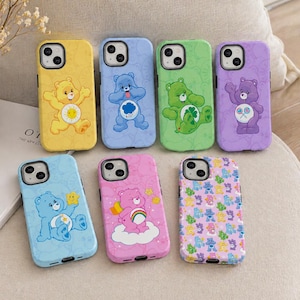 Funda personalizada para teléfono con diseño de osos de nubes de colores: corazones arcoíris kawaii, funda protectora