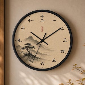 Könnte beinhalten: Runde Wanduhr mit schwarzem Rahmen und beigem Zifferblatt. Das Zifferblatt zeigt ein Landschaftsbild mit einem Baum und Bergen und ist mit schwarzen chinesischen Ziffern markiert. Die Zeiger der Uhr sind schwarz.