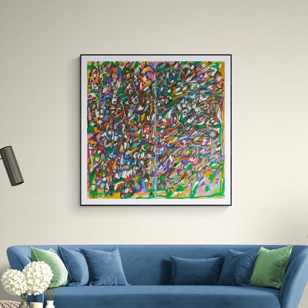 Impressão artística abstrata de grandes dimensões, pintura texturizada e colorida sobre tela, arte israelense de Boaz Evry.