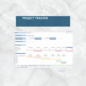 May include: A project tracker spreadsheet with a Gantt chart showing planned and actual delivery dates for various project items. The spreadsheet includes columns for project name, team member, planned start date, actual start date, planned end date, actual end date, total billable hours, week start, planned hours, actual hours, delta, and hours variance.
