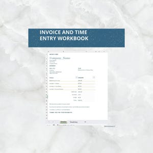 May include: A spreadsheet template for tracking invoices and time entries. The spreadsheet has columns for details, amount, subtotal, tax, and total. The spreadsheet also includes a section for company information, including the company name, address, and contact information.