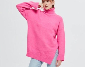 Pink Sweater, Turtleneck Sweater, Soft Sweater, Winter Sweater, Womens Sweater, Boho Sweater, Womens Clothing, Chunky Sweater, Gift for Her