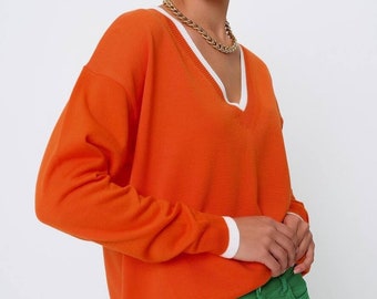 Orangefarbener Pullover, weicher Pullover, Winterpullover, minimalistischer Pullover, Damenpullover, Oversize-Pullover, Damenbekleidung, grobstrick Pullover